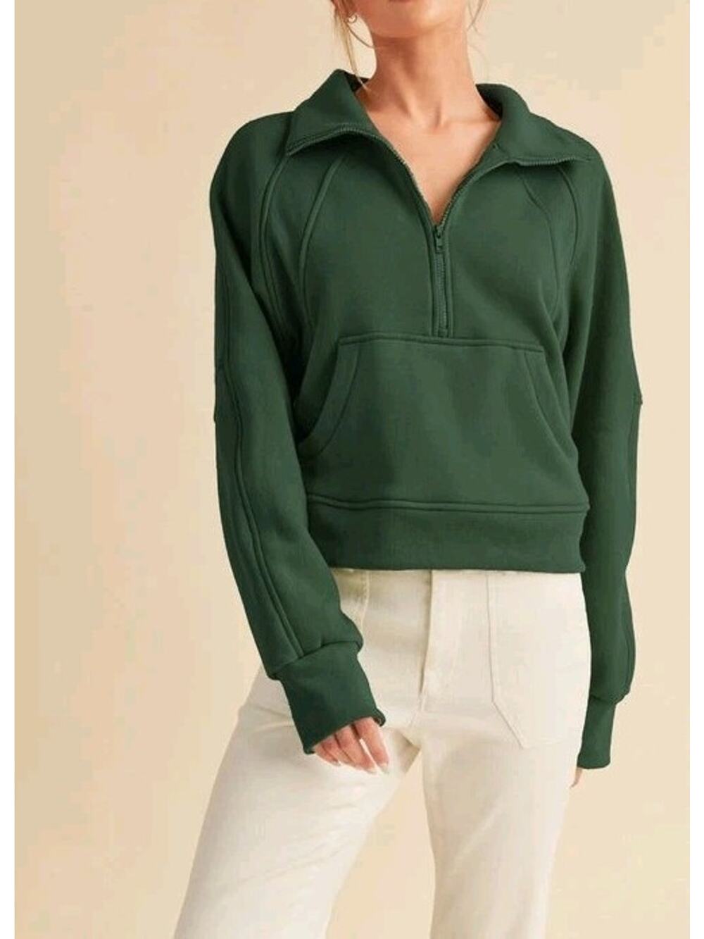Size M Aemi & Co Dove Funnel Neck Half Zip Dark Forrest Green Jacket Stretch